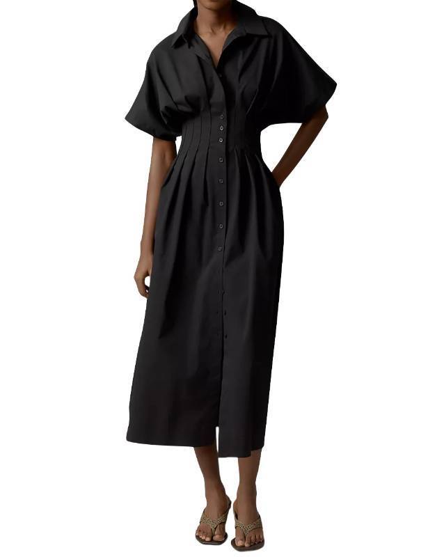 lot 2465 image: Ceputer Women Striped Button Down Shirt Maxi Dresses Summer Pleated Short Sleeve Collar Casual Corset Long Dress Black M