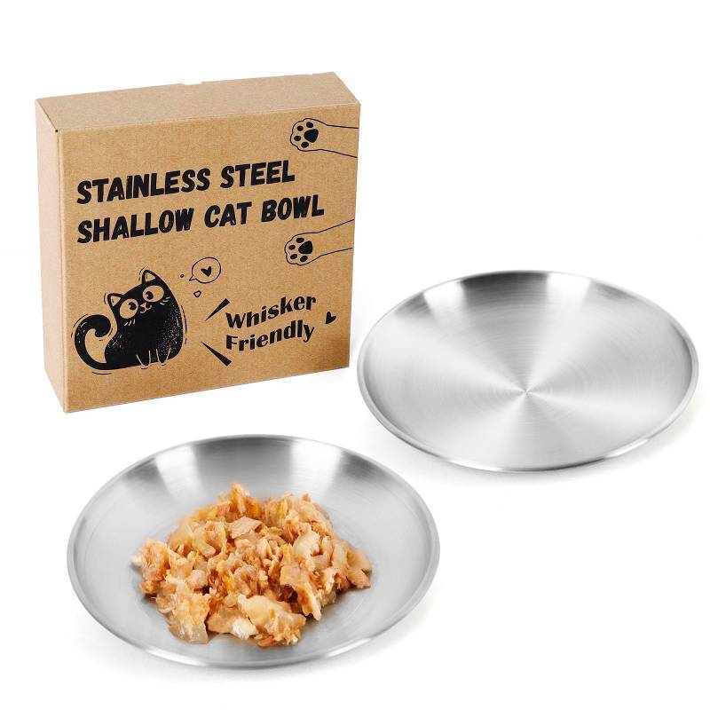 lot 4365 image: Petdream 2-Pack Stainless Steel Cat Food Bowls, Shallow Whisker-Friendly Non-Slip Silicone Base Metal Dishes, Easy to Clean Indoor Feeding Flat Plates for Cat, Kitten, Small Dog (6.7)