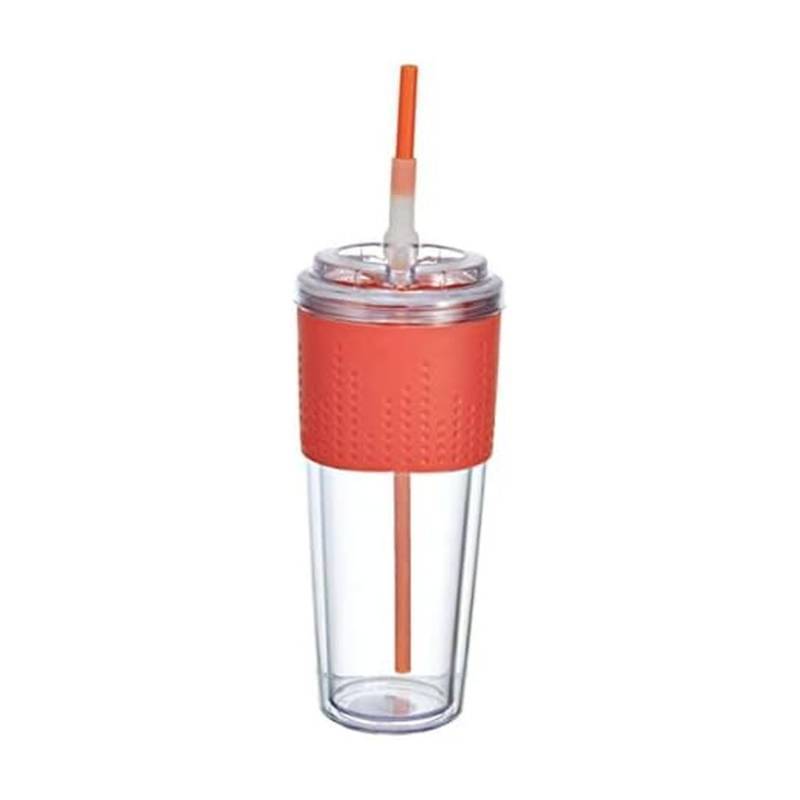 lot 10176 image: Copco Lock-n-Roll Double Wall Tritian Spill-Proof Tumbler with Soft Grip Sleeve and Patented Flip Up Straw, 20-Ounce, Coral