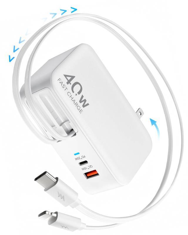 lot 10177 image: Retractable USB C Charger Wall Plug with 35.5in90cm Type C Cables Cords,40W Fast Charging Foldable Block Multi Charger for All Devices for iPhone 171615141312,iPad,Galaxy,Pixel