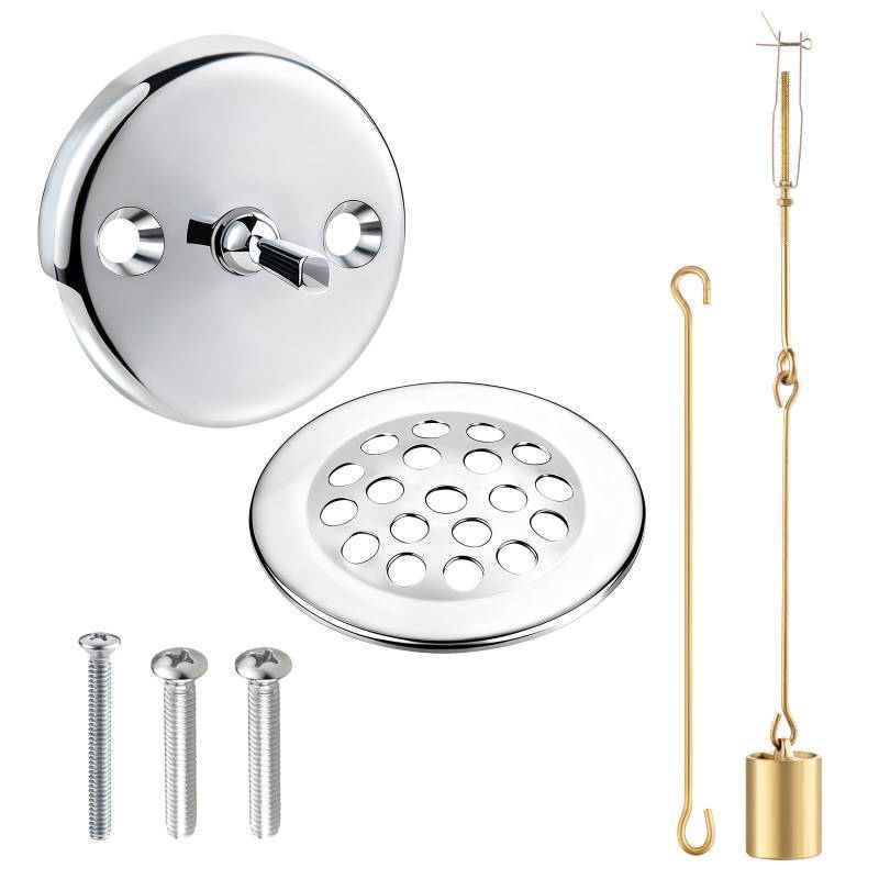 lot 10180 image: Bathtub Drain Linkage Replacement with Trip Lever Linkage and Faceplate, Strainer Cover, Tub Drain Kit for Trip Lever Bath Tub Waste and Overflow Drain, Chrome