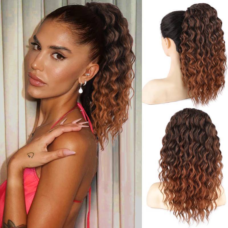 lot 10193 image: FREEMEIGE Curly Ponytail Extension Drawstring Ponytail for Women Natural Black Mixed Medium Auburn Curly Clip in Hair Extensions 16 Inch Ponytail Extension Synthetic Hairpiece for Daily Party