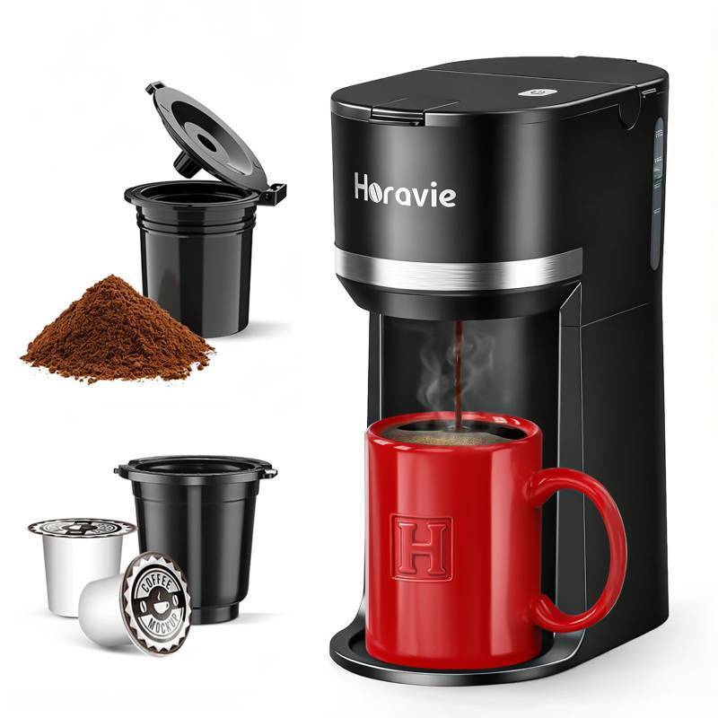 lot 11046 image: Horavie Mini Single Serve Coffee Maker for K Cup and Ground Coffee, Fast Brew One Cup Coffee Machine with Descaling Reminder and Water Window, 6 to 12 oz. Brew Sizes, Black (Used)