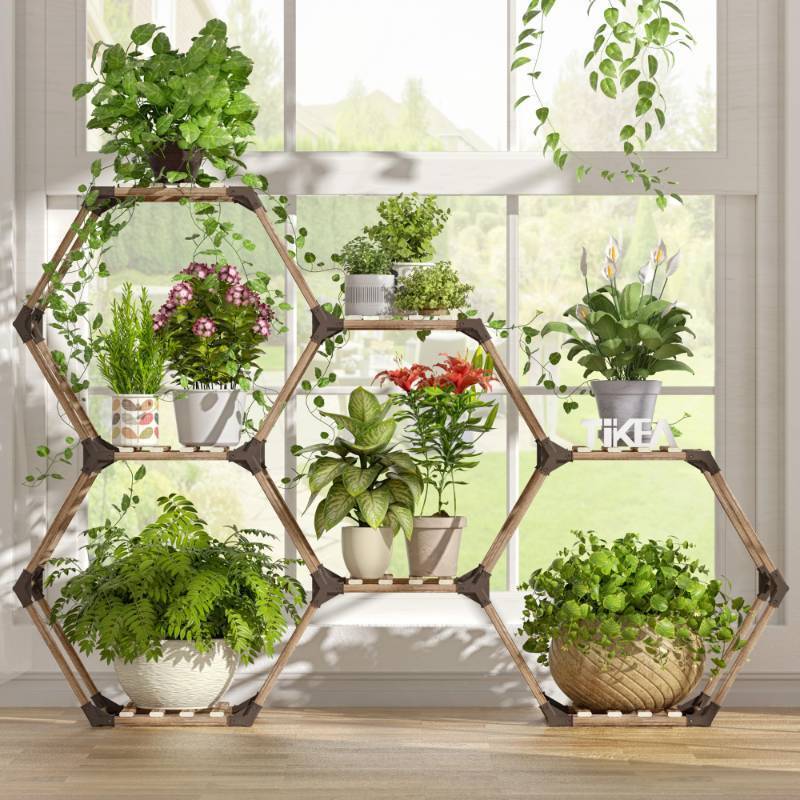 lot 11047 image: Tikea Plant Stand Indoor Outdoor Hexagonal Plant Stand for Multiple Plants Indoor Large Wooden Plant Shelf 7 Tiered Creative DIY Flowers Stand Rack for Living Room Balcony Patio Window