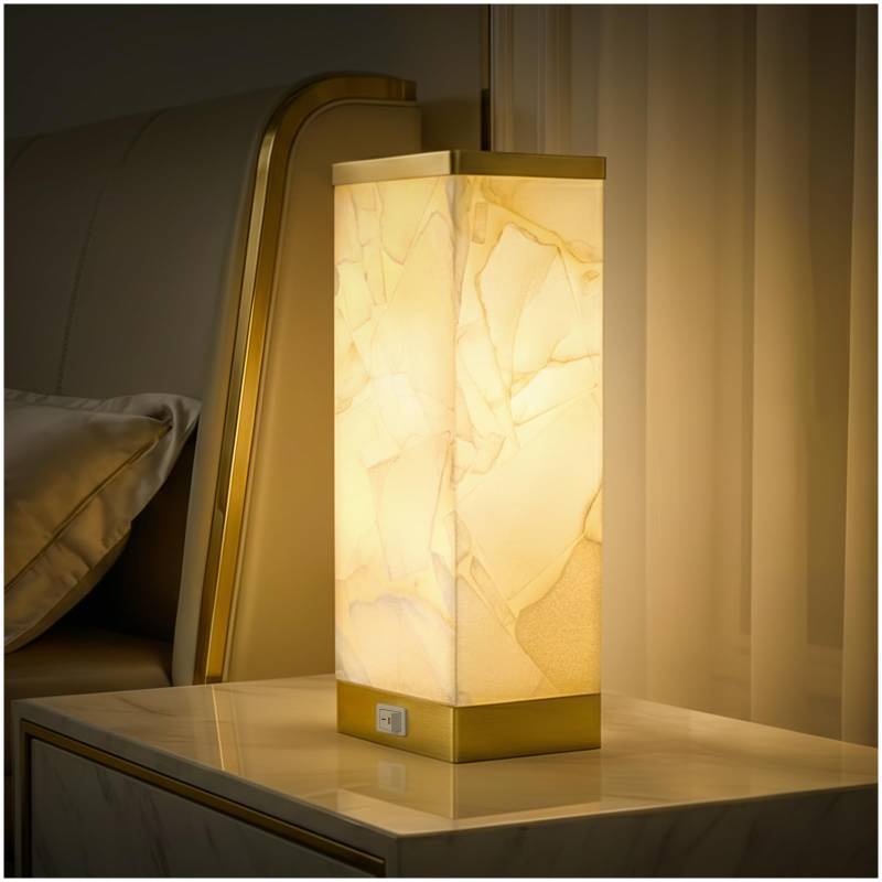 lot 11088 image: Scenekoy Alabaster Table Lamp for Bedroom Living Room, 3-Way Dimmable Bulb with Memory Function, Modern Bedside Lamps with USB AC Ports for Nightstand Office Living Room Bedroom(Bulb Included)
