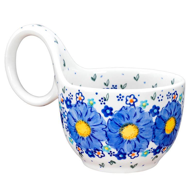 lot 11092 image: silesia Handmade Ceramic Soup Bowl with Loop Handle, Hand Painted Floral Cereal Bowl, Artisanal Soup Mug for Chili, Stew, Oatmeal, Microwave Safe, Forget Me Not