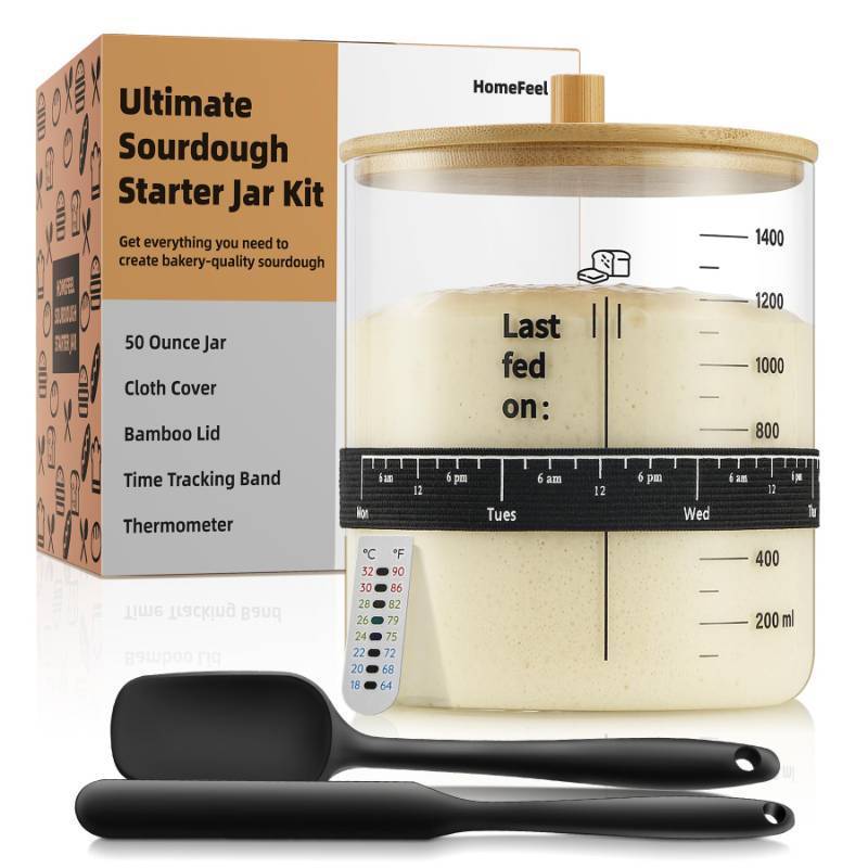 lot 11098 image: HomeFeel Premium Sourdough Starter Jar - 50 oz Large Glass Jar with Bamboo Lid, Cloth Cover, Date Tracker, Thermometer and Scraper, Stylish Design and Wide Mouth Starter Kit (Only Jar)