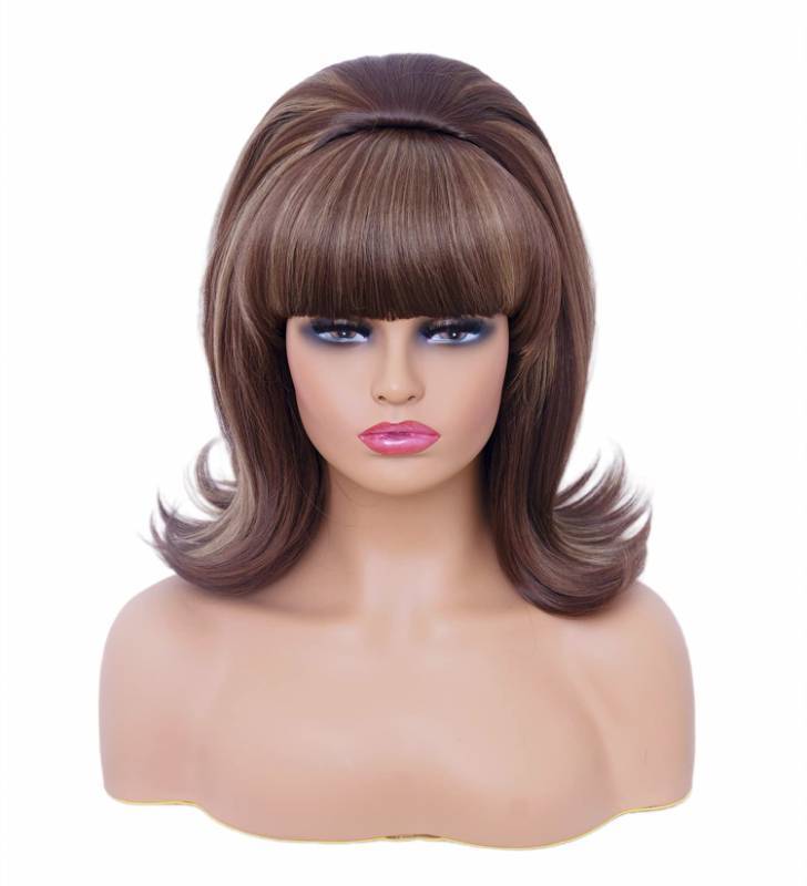 lot 12167 image: Rugelyss Short Brown Mixed Wig with Bang Retro Bouffant Beehive Wigs fits 80s Costume or Halloween Party