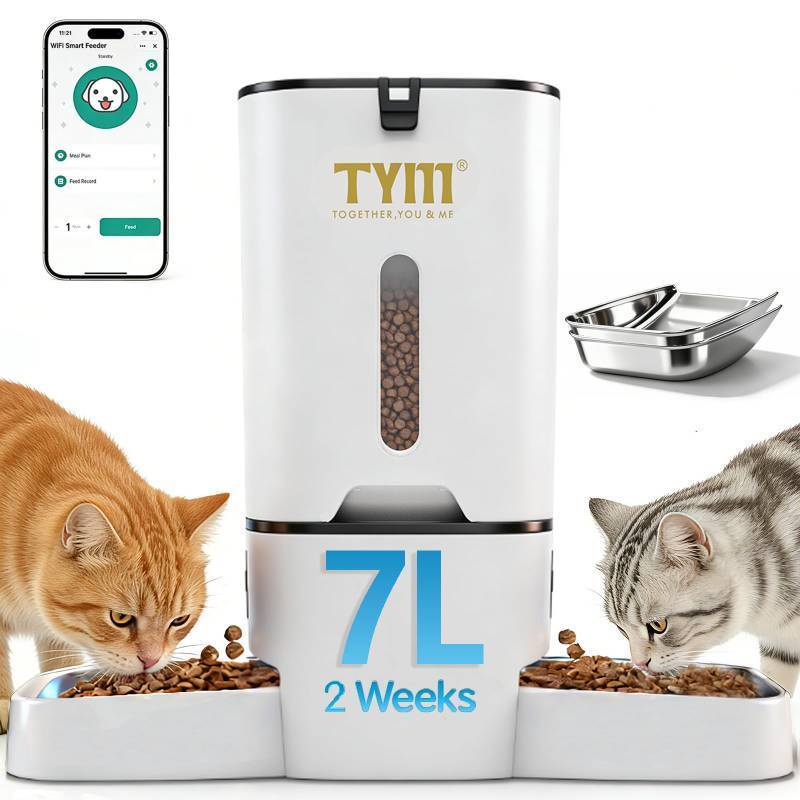 lot 13858 image: TYM Dual Automatic Cat Feeder for 2 Cats, 7L WiFi Cat Food Dispenser with Smart App Control, Programmable Feeding Schedule for Multiple Pets, Stainless Steel Double Bowls, Detachable for Easy Clean