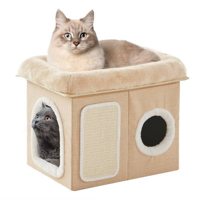 lot 13863 image: WINDRACING Cat Beds for Indoor Cats - Cat House for Pet and Foldable Cat Cave Bed with Scratch Pad, Cat Hideaway Condo for Kitten, 16.9x12.8x14.2 inches, Beige