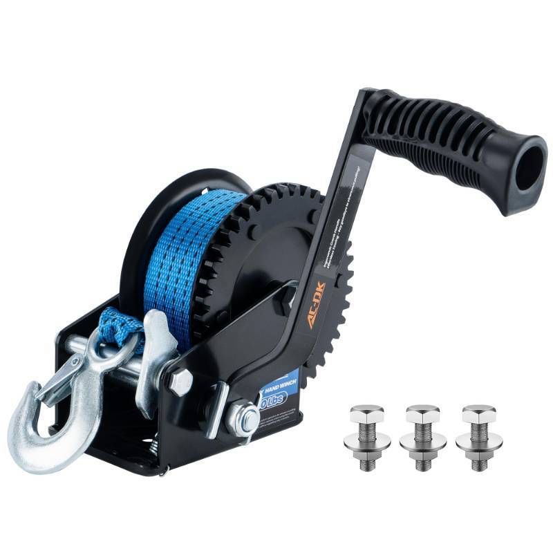 lot 13873 image: AC-DK 1600lbs Heavy Duty Boat Trailer Winch with 26FT Strap, 2-Way Ratchet & 41 Gear Trailer Winch, Portable Hand Crank Winch for Boat, Truck, Trailer, RV, ATV, Jet Ski