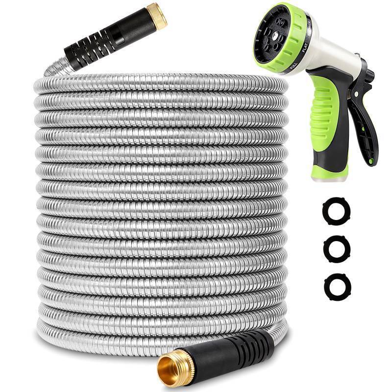 lot 14192 image: Macuvan Flexible Metal Garden Hose 25ft-Heavy Duty Water Hose with Durable 304 Stainless Steel and 10 Way Spray Nozzle-Strong 34 Solid Brass Fitting-Outdoor Yard No Kink Lightweight Short Hose Pipe