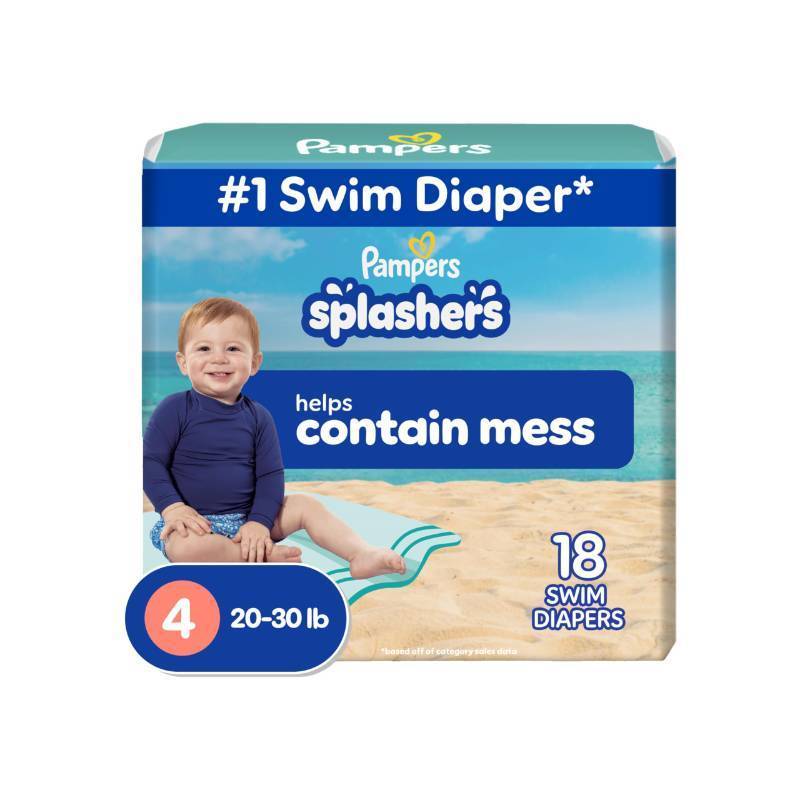 lot 14264 image: Pampers Swim Diapers - Splashers - Size 4, 18 Count, Gap-Free Disposable Baby Swimming Pants