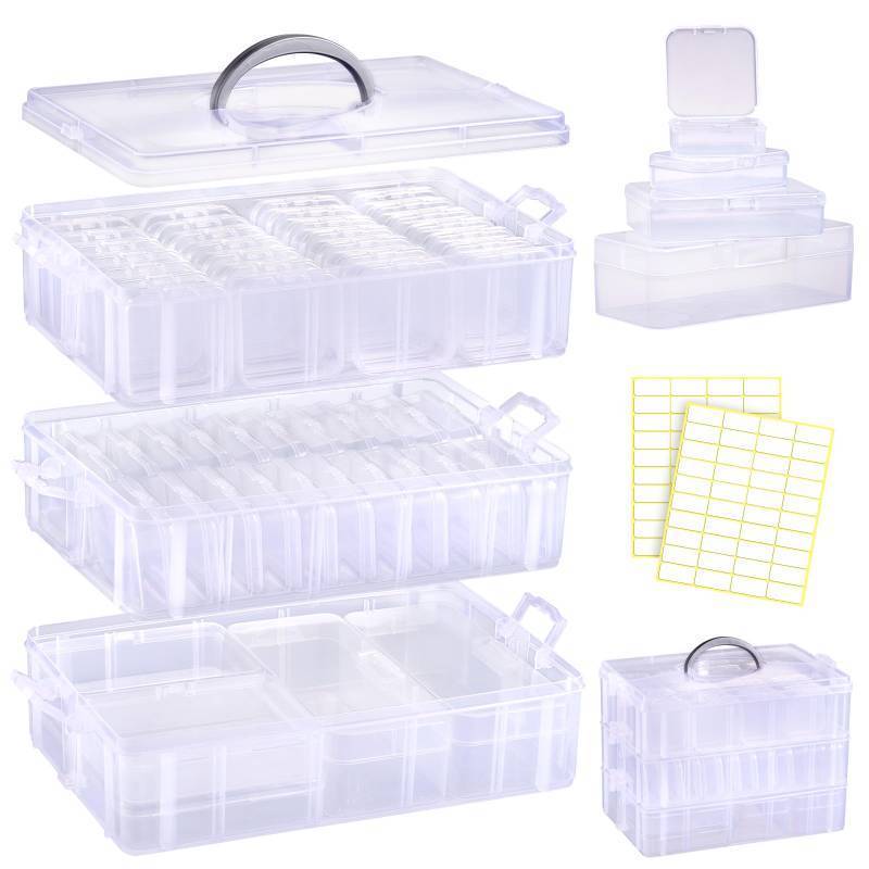 lot 15946 image: Funtopia Bead Organizers and Storage, 56 Pcs Small Plastic Containers with Lids and 3-Tier Stackable Storage Box, Mini Clear Organizers for Jewelry Toys Craft Storage (4 Sizes) bottom box is cracked
