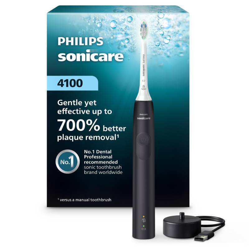 lot 16485 image: Philips Sonicare 4100 Series Electric Toothbrush - Sonic Toothbrush with Advanced Sonic Technology, Pressure Sensor, Two Intensity Settings, Smartimer & Quadpacer, Black, Model HX368124