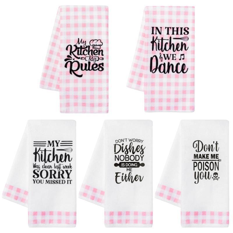 lot 18425 image: R HORSE Cute Pink Kitchen Towel Set 5Pcs Pink Check Kitchen Dishcloth Absorbent Funny Cleaning Dishcloth Bar Hand Towel Kitchen Holiday Decorations Gift for Hostess Mom Women Housewarming