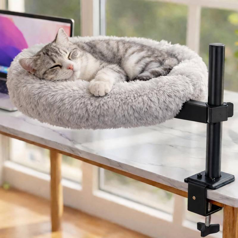 lot 19966 image: Cat Desk Bed - 360° Rotating & Height Adjustable Up to 15.7 Inches, Supports Up to 45 lbs, 17-Inch Soft Faux Fur Cushion, Removable & Machine Washable �� for Work-from-Home Desks & Small Spaces
