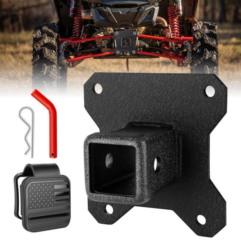 lot 19973 image: W&JWN 2 UTV Rear Receiver Hitch Compatible with Polaris RZR XP 1000XP 4 1000 2014-2025 Heavy Duty RZR Hitch Receiver with Trailer Hitch Cover Red Trailer Hitch Pin