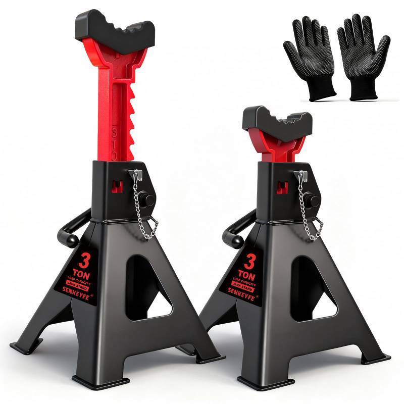 lot 19977 image: SENKEYFE 3 Ton (6,600 LBs) Jack Stands with Double Pin Locking,Rubber Cover and Large Foot Base,11-17 Adjustable Height,Heavy Duty Car Jack Stands,Lifting SUV,MPV,Pickup Truck,ATVUTV,1 Pair