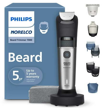 lot 19989 image: Philips Norelco Beard Trimmer 7000 Series  100% Waterproof Trimmer For Men  40 Lock-In Hair Length Settings  Beardsense Power Adaptability  Detail & T-Blade Trimmer Heads  Charging Stand  BT767040