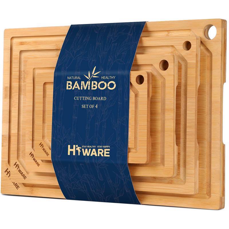 lot 20400 image: Hiware 4-Piece Extra Large Bamboo Cutting Boards Set for Kitchen, Heavy Duty Cutting Board with Juice Groove, Bamboo Chopping Board Set for Meat, Vegetables - Pre Oiled