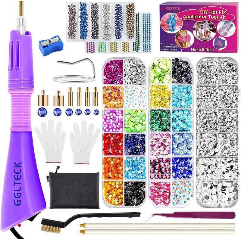 lot 20405 image: GLTECK Hotfix Applicator, Bedazzler Kit with 5784 PCS Rhinestones for Crafts, DIY Hot Fix Rhinestone Applicator Wand Setter Tool with 7 Tips, 6 Pattern Templates, Gloves, Tweezers & Cleaning Brush