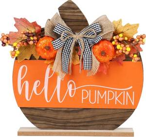 lot 15 image: Fall Decor, Wooden Autumn Hello Pumpkin Sign Table Top Decorations, for Home Indoor Room Party Harvest Holiday Thanksgiving Decor.