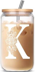 lot 572 image: K Coffee Iced Cute Glass Cups with Lids and Straws - Personalized Monogrammed Gifts for Sister, Mom, Friend, Wife - Birthday, Christmas, Mothers Day, Thank You Gift Ideas 2024