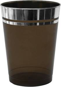 lot 594 image: Party Essentials Disposable All-Purpose 10 oz Plastic Tumblers Drinking Cups for WineSparkingAppetizerDessert, 50-Count, Semi-Transparent Black with Silver Rim