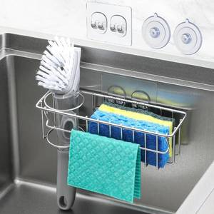 lot 2040 image: 3-In-1 Sponge Holder for Kitchen Sink with Suction Cups & Adhesive Hook , In-sink Sponge Holder, Wall Hanging Sink Caddy Organizer Rack - Sponge, Dish Cloth, Brush, Scrubber - 304 Stainless Steel