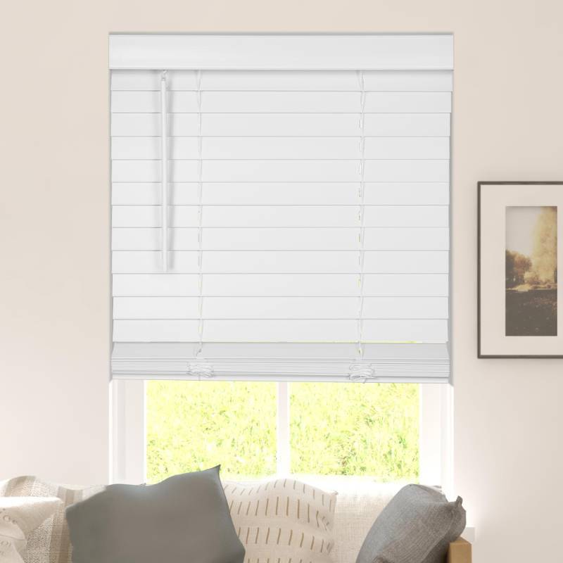 lot 2002 image: Calyx INTERIORS Faux Wood Blinds with Classic Valance, Cordless, 2 Slat, 34.5 W x 48 H, Blinds for Indoor Windows, Room Darkening Window Blinds for Home Interior Windows and Doors, Pure White - Retail $43