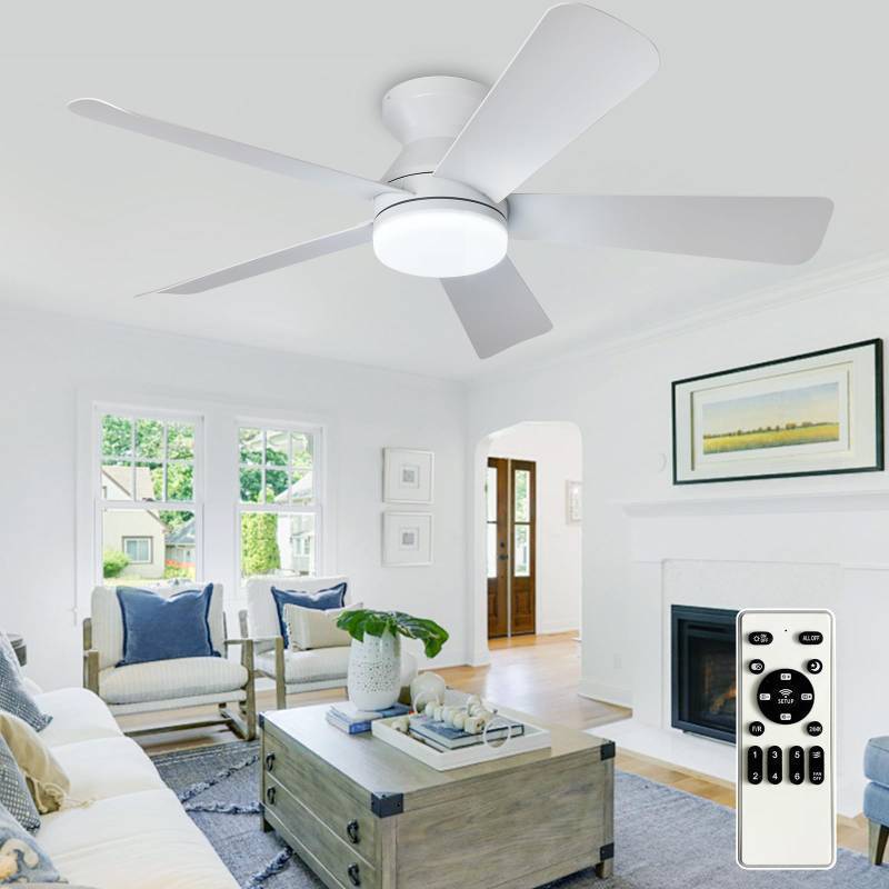 lot 2031 image: Depuley Modern Ceiling Fan with Light 42-Inch White Small Fans for Bedroom Indoor Outdoor - Dimmable Low Profile Ceiling Fans with Remote Control Flush Mount 5 Reversible White Blades 6 Speeds Timer - Retail $50