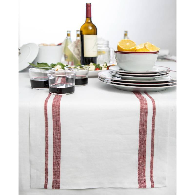 lot 2077 image: Solino Home Stripe Linen Table Runner 60 inches Long �� 100% Pure Linen Burgundy and White Table Runner 14 x 60 Inch �� French Stripe, Machine Washable Farmhouse Table Runner for Fall, Thanksgiving Retail $23.94