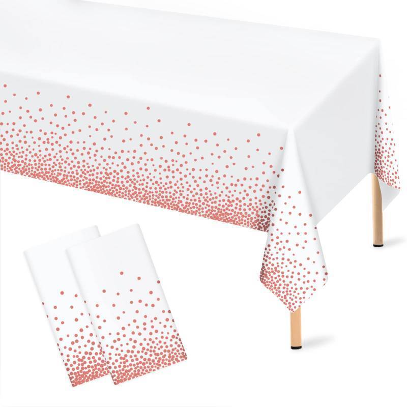 lot 2084 image: Rose Gold Polka Dot White Tablecloth, 2 Pcs Disposable Plastic Table Cloths, Rose Gold Confetti Table Cover for Birthday Parties Wedding Anniversary Baby Shower Fine Dining Decor 54 � 108 inches Retail $9.23
