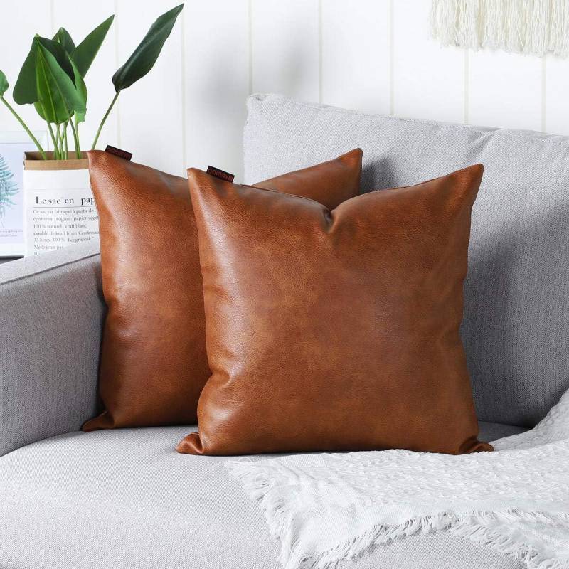 lot 2090 image: MANDIOO Set of 2 Faux Leather Decorative Throw Pillow Covers Modern Solid Outdoor Cushion Cases Luxury Pillowcases for Couch Sofa Bed 16x16 Inches Brown Retail $20.78