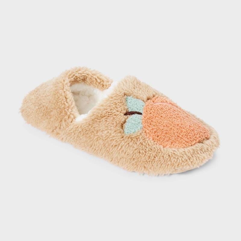 lot 2109 image: Womens Embroidered Peach Cozy Fleece High Cut Pull-On Slipper Socks with Grippers - TanPeach ML Faux Shearling, Nonslip - Retail $10