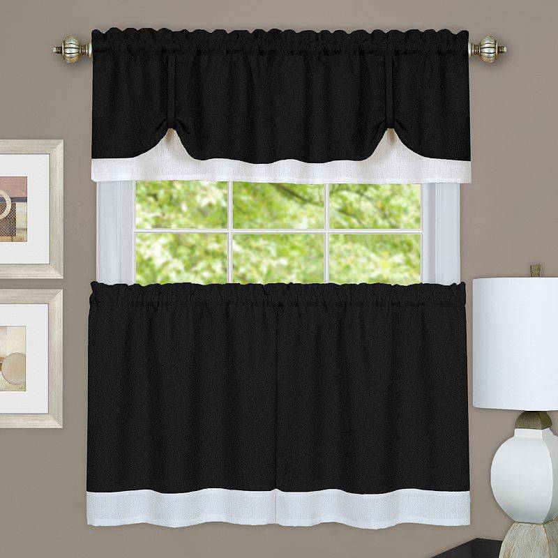 lot 2111 image: Darcy Window Light Filtering Curtain Tier and Valance Set - 58 x36 - BlackWhite - Retail $84.21