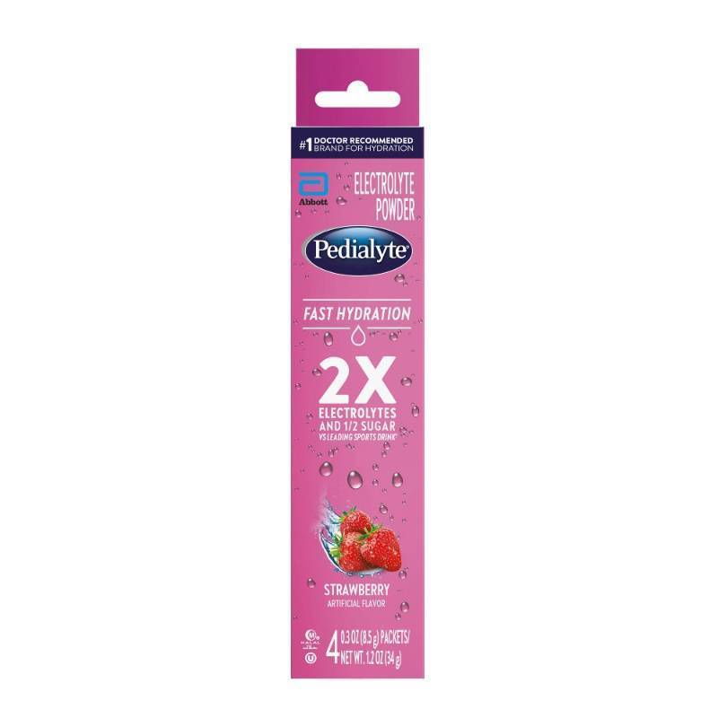 lot 2046 image: Pedialyte Fast Hydration Electrolyte Powdered Drink - Strawberry - 1.2oz4pk - Retail $10