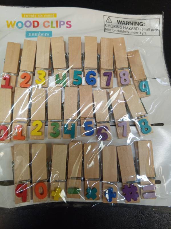 lot 2063 image: Wooden Clothespins with Colorful Numbers for Home Decoration, Craft Project, and Office Organization - Retail $10