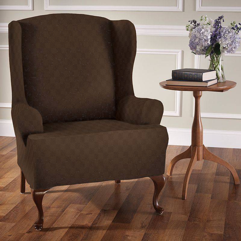 lot 2073 image: Stretch Sensations 1-Piece Stretch Newport Wing Chair Slipcover  Chocolate - Retail $171