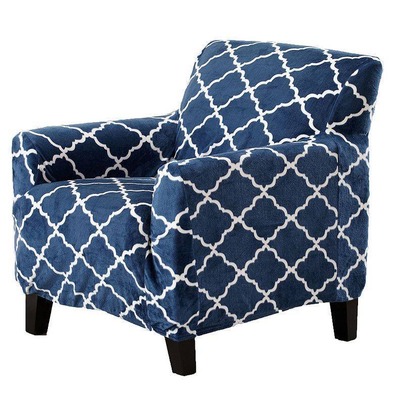 lot 2075 image: Great Bay Home Stretch Printed Velvet Plush Washable Chair Slipcover (Chair  Lattice - Navy) - Retail $170