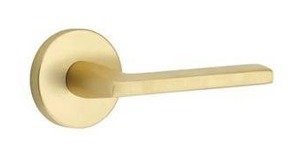 lot 13091 image: Emtek Helios Lever Door Handle with Disk Rosette - Satin Brass