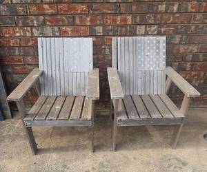 lot 404 image: (2) Rustic American Flag Adirondack Chairs