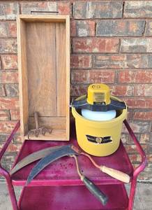 lot 414 image: Sterling Ice Cream Freezer and Farming Tools