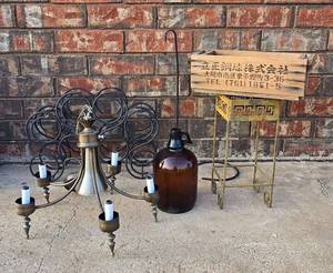 lot 415 image: Brass Chandelier, Brown Glass Jug, Asian Crate, Wine Rack, Metal Stand and Shepherd Hook Stand