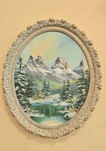 lot 103 image: Woneta Dee Zubiss Mountain Landscape Oil Painting with Ornate Frame 23 x 19