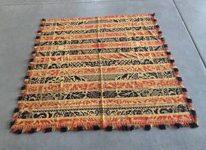 lot 106 image: Antique Wool Tri-Color Jacquard Woven Coverlet 82 x 79