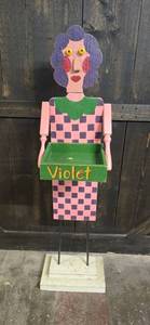 lot 121 image: Handmade Wooden Folk Art Figurine Named Violet 57 H x 16 D x Base 16 W - Could be used as a Plant Holder or Door Greeter
