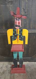 lot 122 image: Hand Painted Wood Cowboy Folk Art 61.5 H x 16 D x Base 16 W