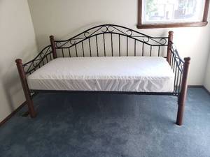 lot 127 image: Metal Daybed Frame with Wood Posts and Foam and Memory Foam Mattress